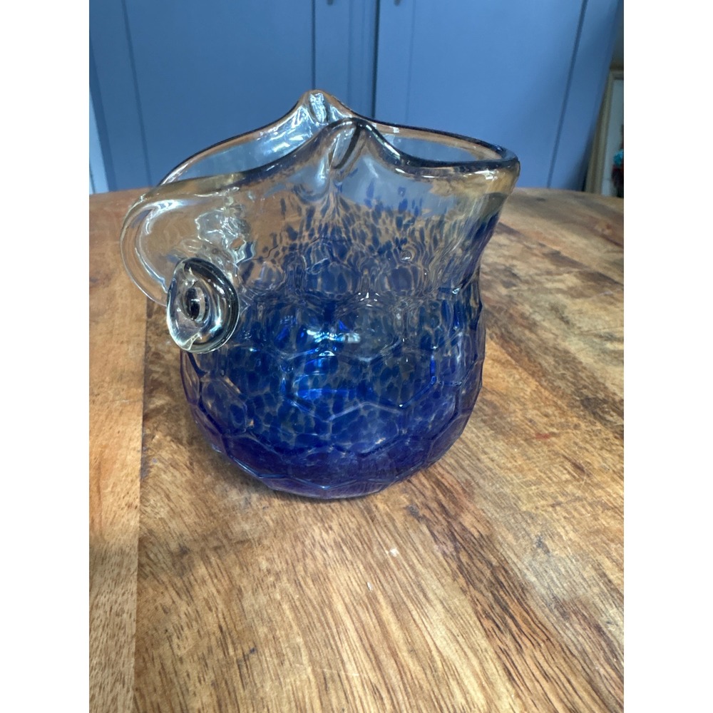 Hand Blown Glass Owl Vase Cobalt Blue Speckled Honeycomb Art Glass Vessel - Picture 4 of 7